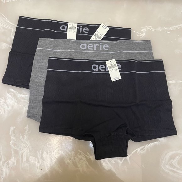 Set of 3 Aerie Superchill Seamless Logo Boyshort Underwear Black/Gray Large - Picture 3 of 4